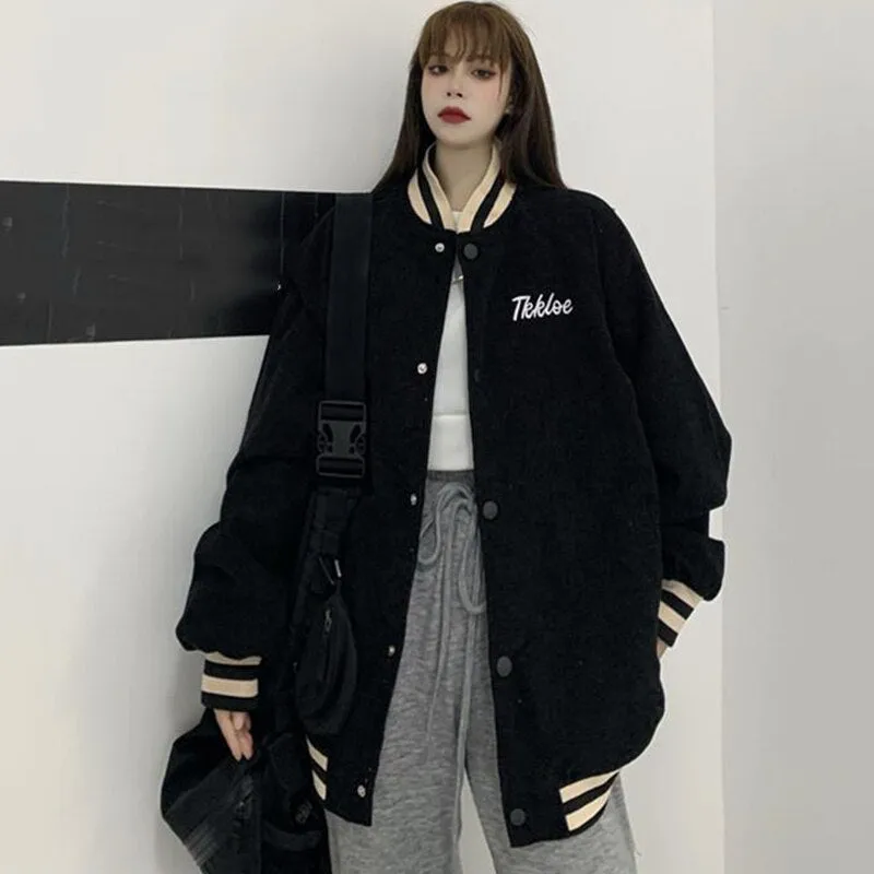 Joskaa Back To College Autumn Corduroy Baseball Racer Bomber Jacket Coat Women Baseball Uniform Jackets Harajuku Streetwear Couple Retro Clothes