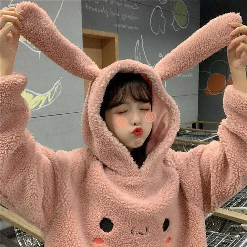 Joskaa Christmas Gift JMPRS Women Cute Hoodie Student Hoodie Long Sleeve Oversize Sweet Rbbit Warm Coat Kawaii Spring Bunny Ear Girls Sweatshirts