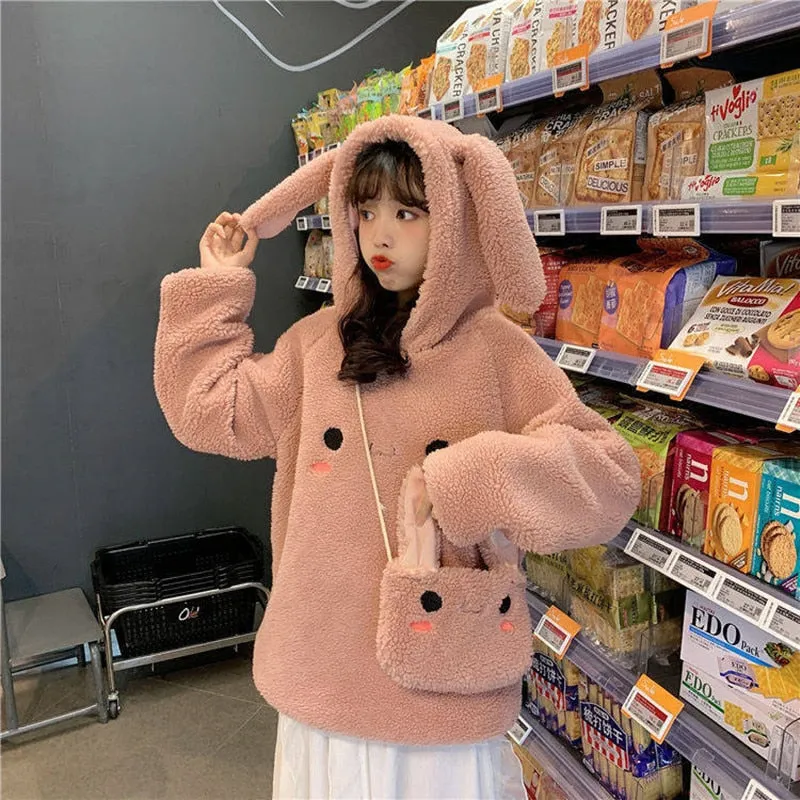 Joskaa Christmas Gift JMPRS Women Cute Hoodie Student Hoodie Long Sleeve Oversize Sweet Rbbit Warm Coat Kawaii Spring Bunny Ear Girls Sweatshirts