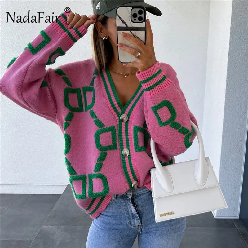 Joskaa Christmas Gift Nadafair Geometric Pattern Cardigan Women Green Vintage Knitted Tops 2024 Autumn Button Up Long Sleeve Winter Sweater Coat Muje
