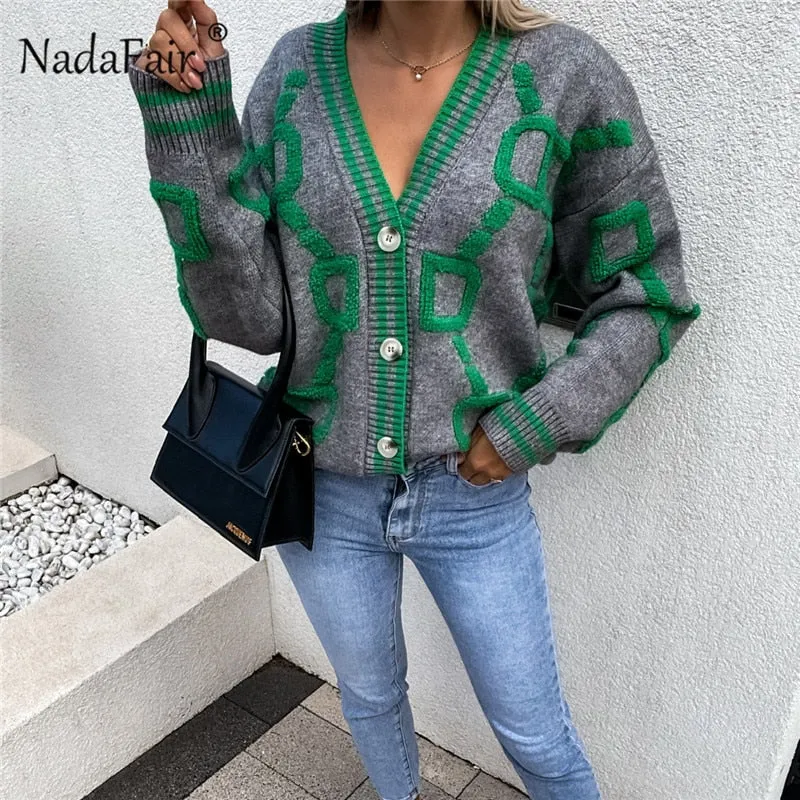 Joskaa Christmas Gift Nadafair Geometric Pattern Cardigan Women Green Vintage Knitted Tops 2024 Autumn Button Up Long Sleeve Winter Sweater Coat Muje