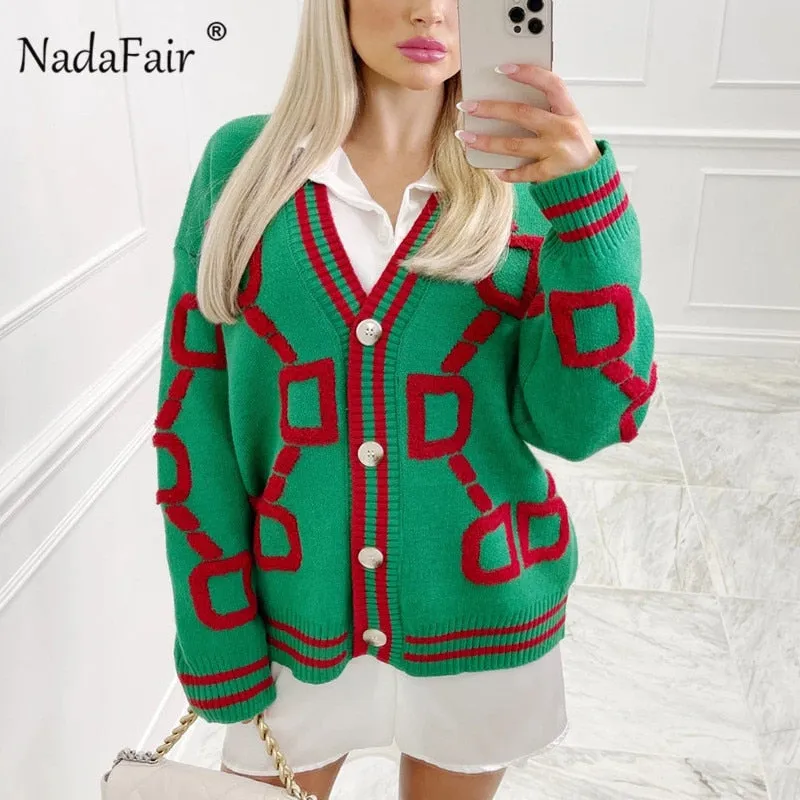 Joskaa Christmas Gift Nadafair Geometric Pattern Cardigan Women Green Vintage Knitted Tops 2024 Autumn Button Up Long Sleeve Winter Sweater Coat Muje