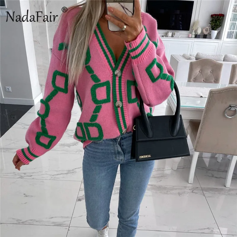 Joskaa Christmas Gift Nadafair Geometric Pattern Cardigan Women Green Vintage Knitted Tops 2024 Autumn Button Up Long Sleeve Winter Sweater Coat Muje
