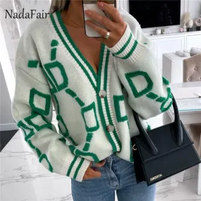 Joskaa Christmas Gift Nadafair Geometric Pattern Cardigan Women Green Vintage Knitted Tops 2024 Autumn Button Up Long Sleeve Winter Sweater Coat Muje