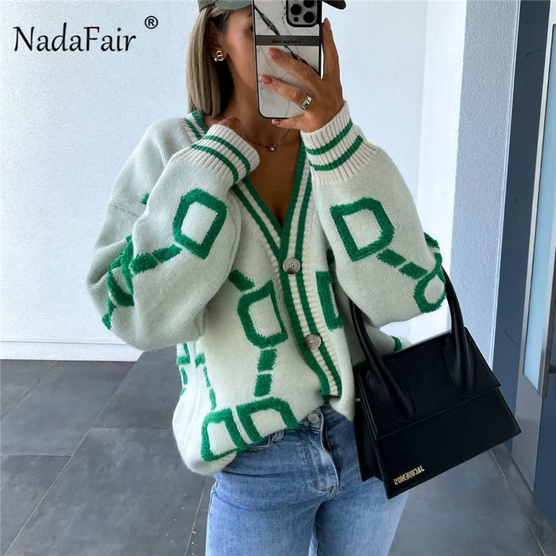 Joskaa Christmas Gift Nadafair Geometric Pattern Cardigan Women Green Vintage Knitted Tops 2024 Autumn Button Up Long Sleeve Winter Sweater Coat Muje