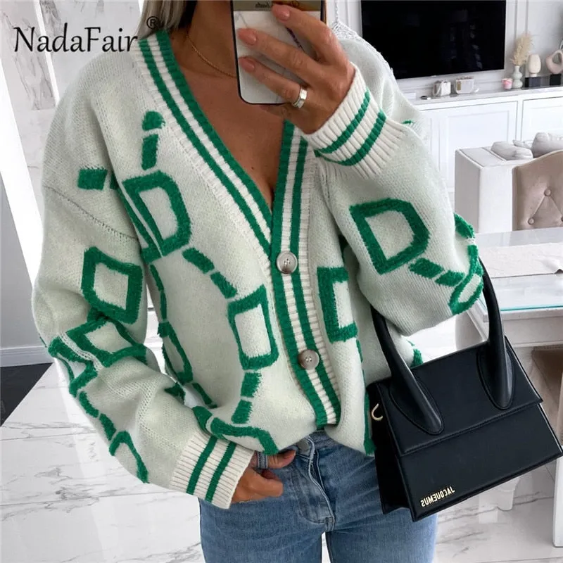 Joskaa Christmas Gift Nadafair Geometric Pattern Cardigan Women Green Vintage Knitted Tops 2024 Autumn Button Up Long Sleeve Winter Sweater Coat Muje