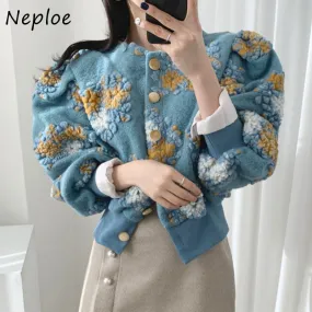 Joskaa Christmas Gift Stylish Temperament Jacket Lantern Sleeve Slim Waist Coat Female 2024 Autumn New 3D Flower Plush O-neck Women Jackets