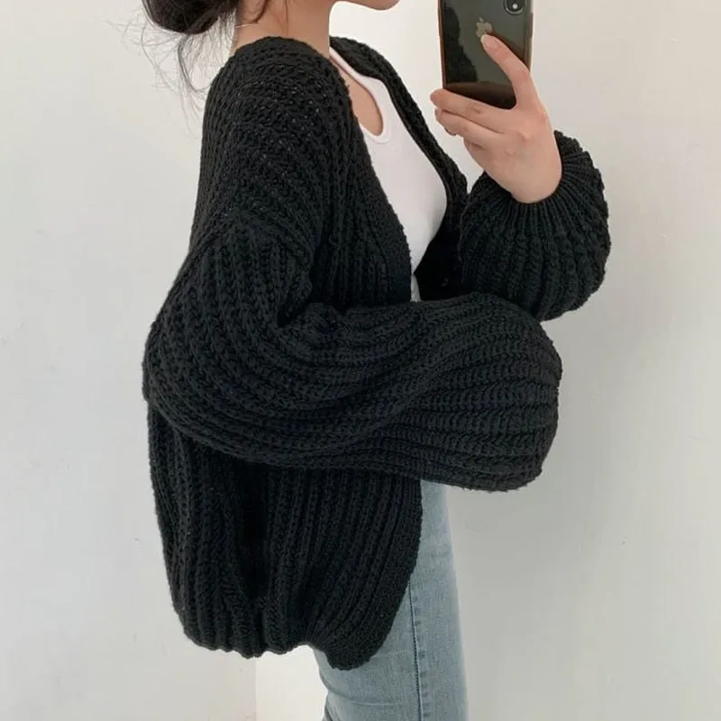 Joskaa MEXZT Vintage Harajuku Lantern Sleeve Women Cardigan Sweater Casual Korean Fall Streetwear Tops Coat Chic Lazy Wind Y2k Sweater