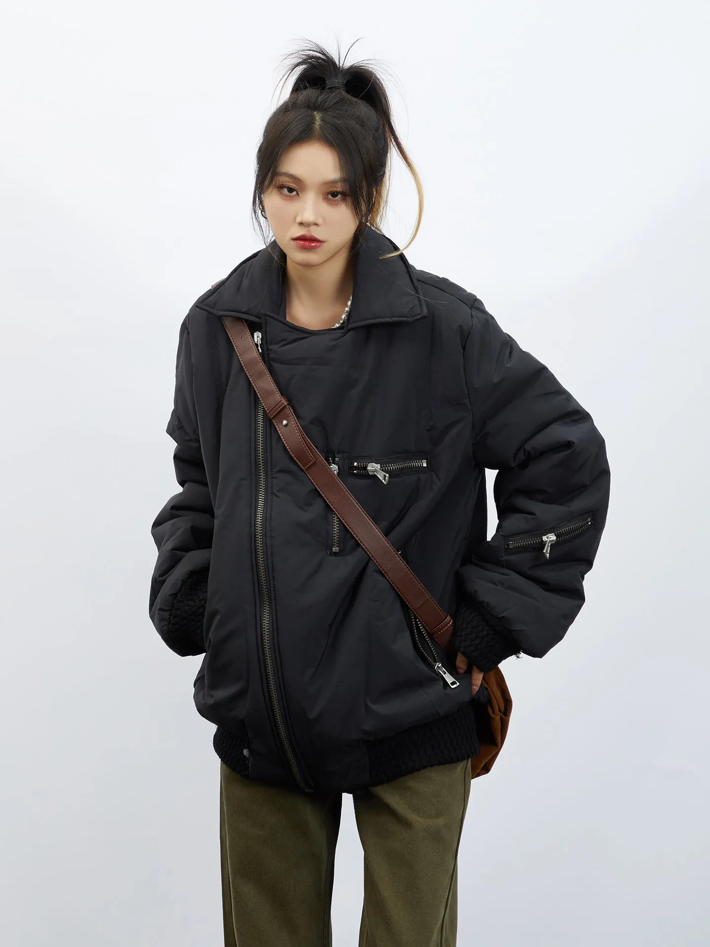 Joskaa streetwear men outfits American High Street Retro Niche Oblique Zipper Multi-Pocket Flight Jacket Cotton-Padded Jacket Men's and Women's Loose Coat Cotton-Padded Coat