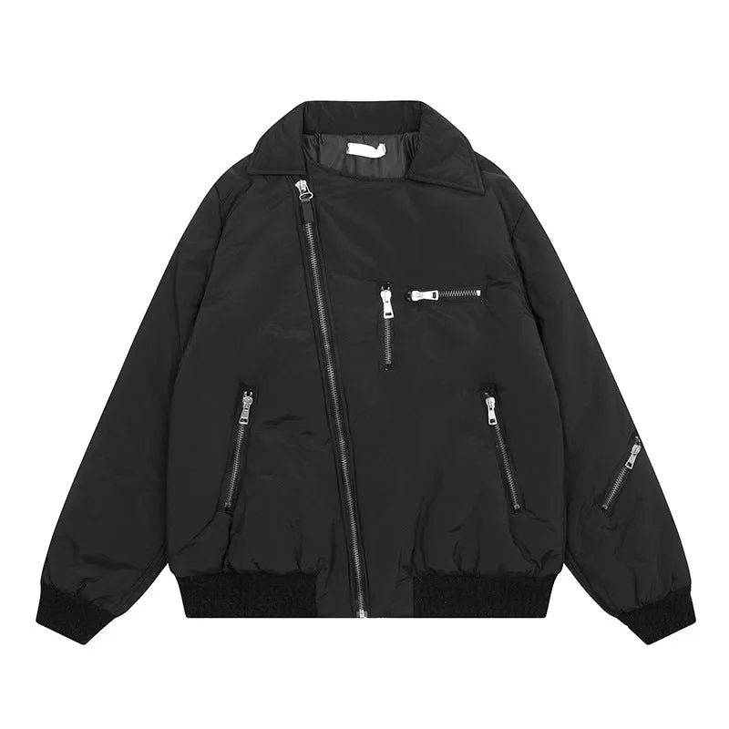 Joskaa streetwear men outfits American High Street Retro Niche Oblique Zipper Multi-Pocket Flight Jacket Cotton-Padded Jacket Men's and Women's Loose Coat Cotton-Padded Coat