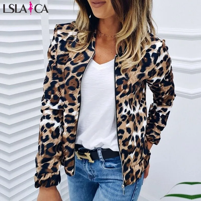 Joskaa Women's Leopard Print Zip-Up Jacket Autumn Retro Coat Winter Basic Long Sleeve Plus Size Short Motorcycle Biker Jackets