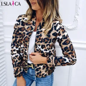 Joskaa Women's Leopard Print Zip-Up Jacket Autumn Retro Coat Winter Basic Long Sleeve Plus Size Short Motorcycle Biker Jackets