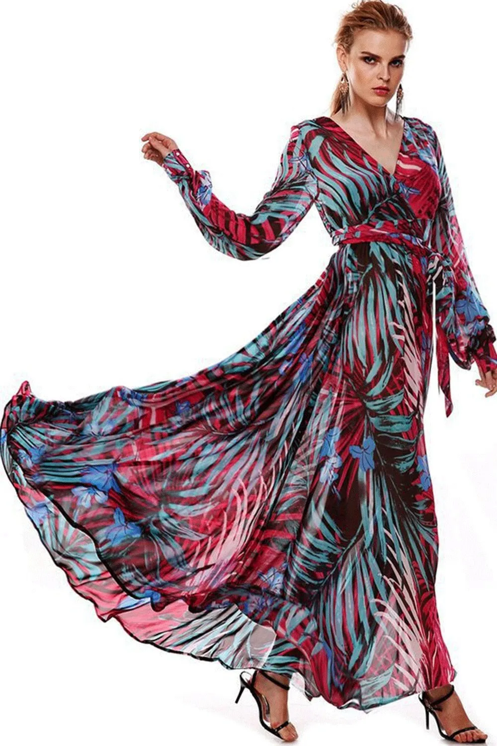 Ketty More Women Chiffon Multi Colors V-Neck Long Dress-KMWD338