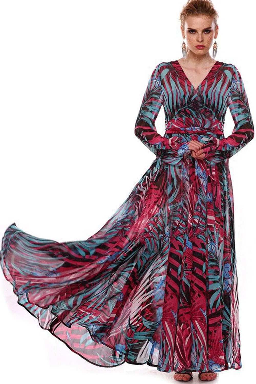 Ketty More Women Chiffon Multi Colors V-Neck Long Dress-KMWD338