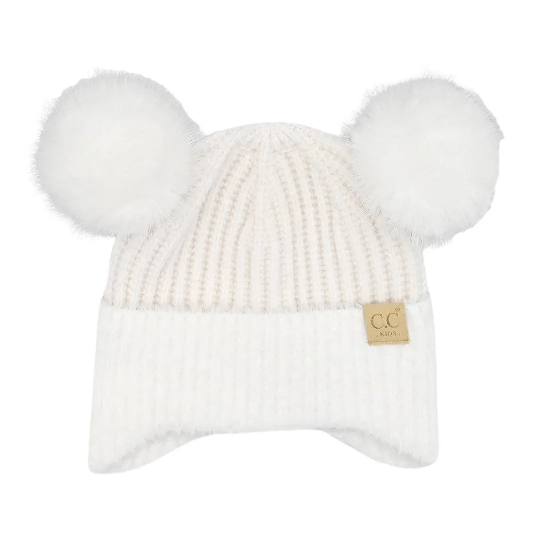Kids Faux Fur Earflap Double Pom C.C Beanie