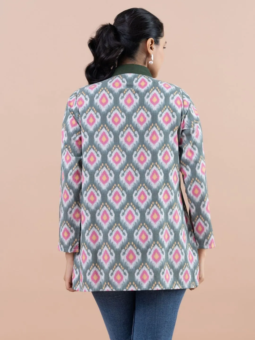 Komarri U elegant yarn dyed ikat woven bamboo viscose stylized hand embellished mandarin collar  , 3/4 sleeve casual jacket.- Multi