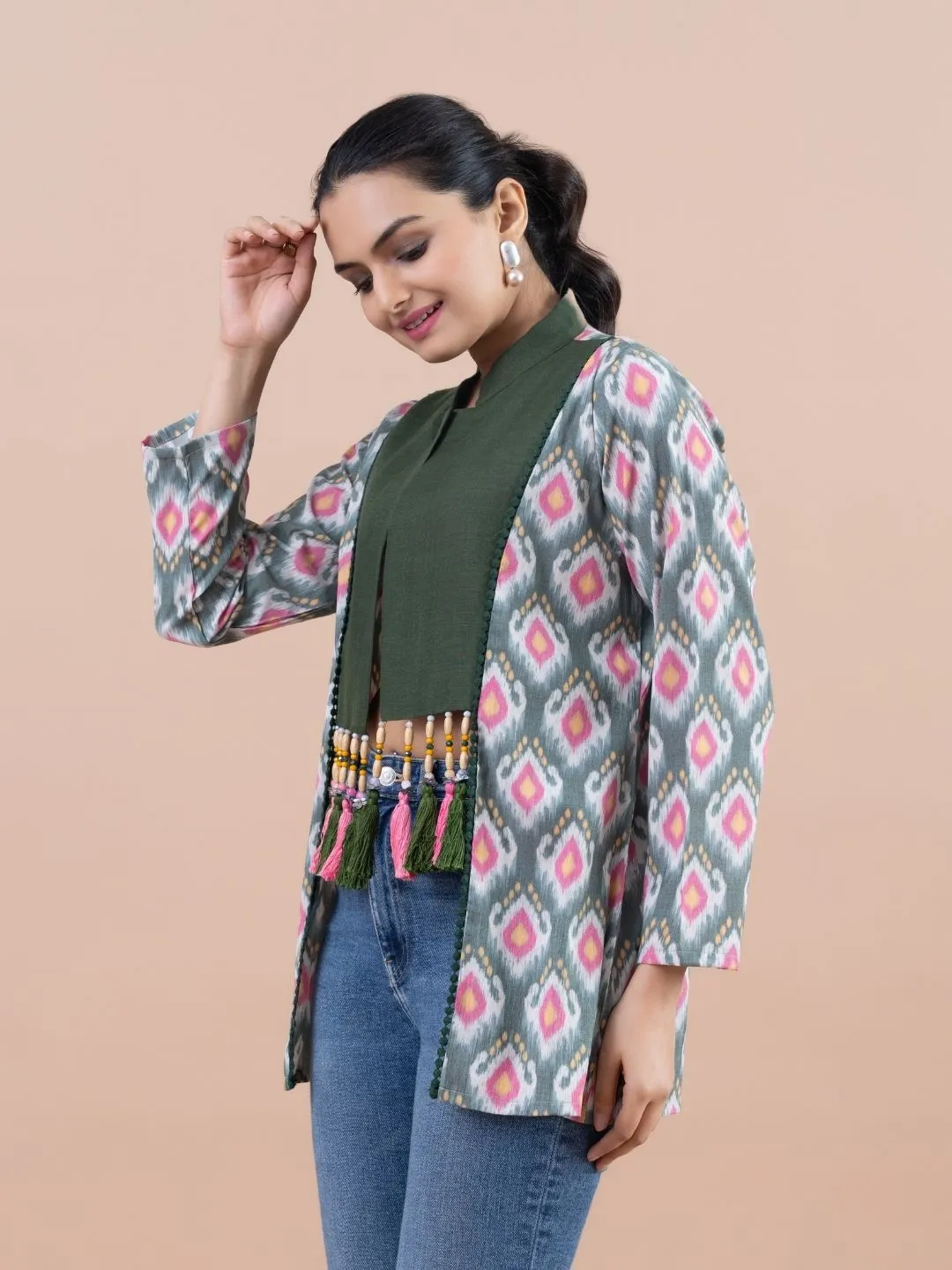 Komarri U elegant yarn dyed ikat woven bamboo viscose stylized hand embellished mandarin collar  , 3/4 sleeve casual jacket.- Multi