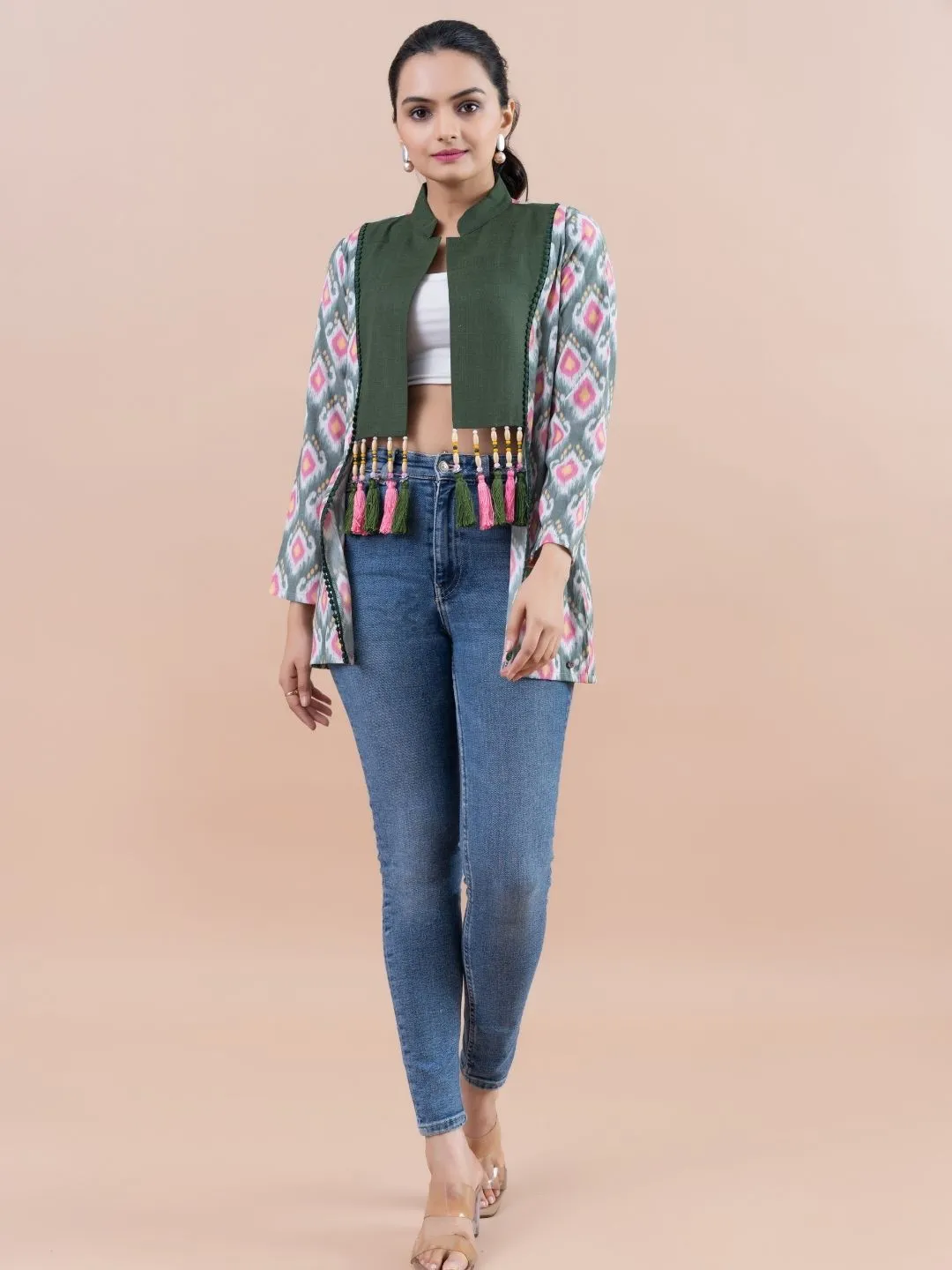 Komarri U elegant yarn dyed ikat woven bamboo viscose stylized hand embellished mandarin collar  , 3/4 sleeve casual jacket.- Multi