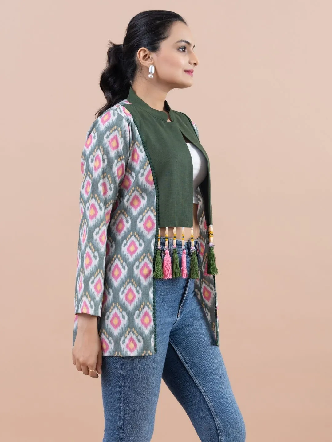 Komarri U elegant yarn dyed ikat woven bamboo viscose stylized hand embellished mandarin collar  , 3/4 sleeve casual jacket.- Multi