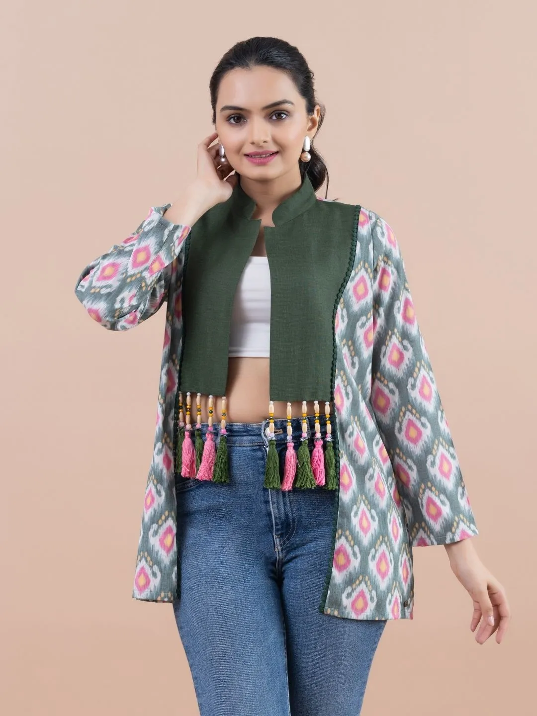 Komarri U elegant yarn dyed ikat woven bamboo viscose stylized hand embellished mandarin collar  , 3/4 sleeve casual jacket.- Multi