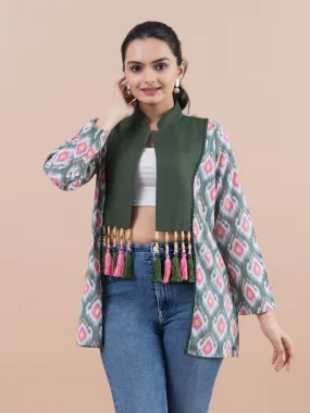 Komarri U elegant yarn dyed ikat woven bamboo viscose stylized hand embellished mandarin collar  , 3/4 sleeve casual jacket.- Multi
