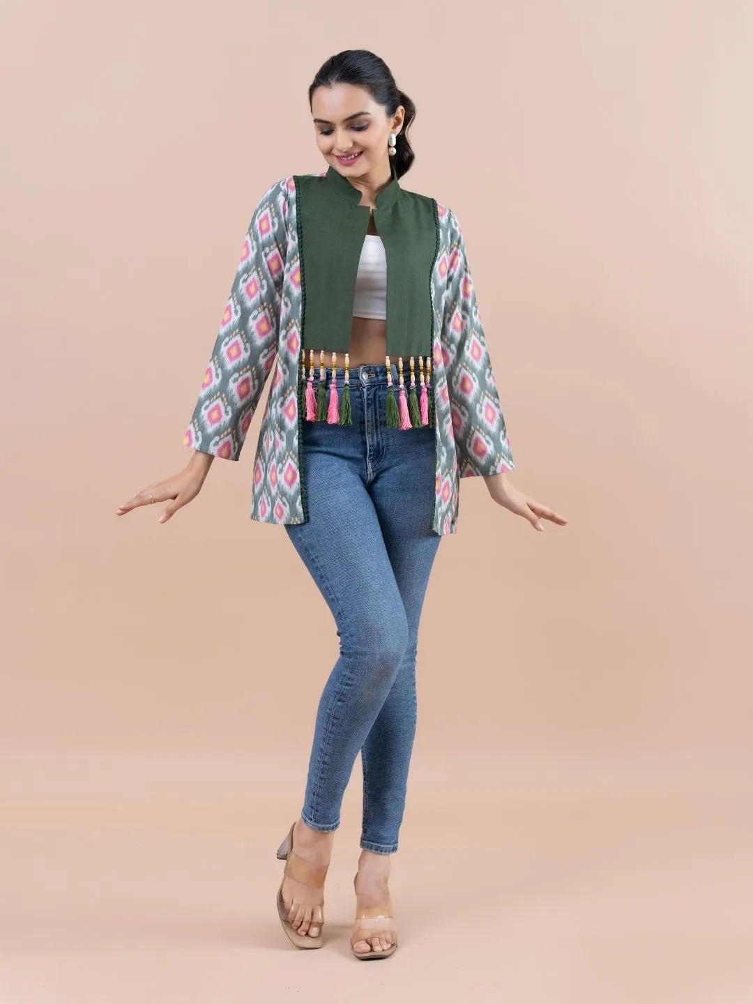 Komarri U elegant yarn dyed ikat woven bamboo viscose stylized hand embellished mandarin collar  , 3/4 sleeve casual jacket.- Multi