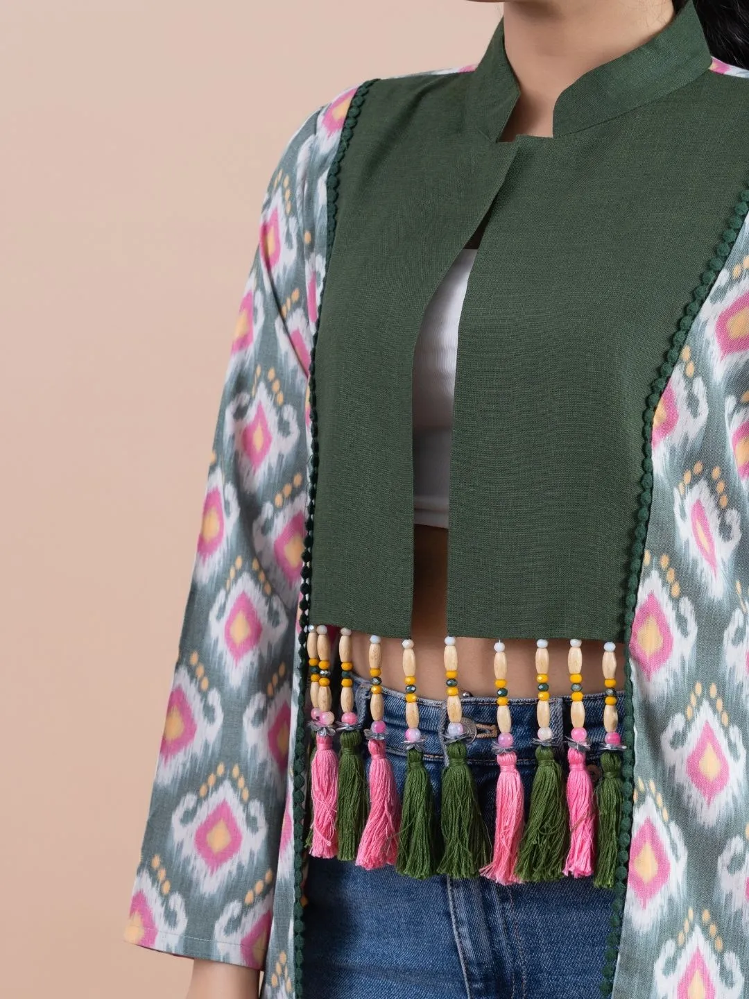 Komarri U elegant yarn dyed ikat woven bamboo viscose stylized hand embellished mandarin collar  , 3/4 sleeve casual jacket.- Multi