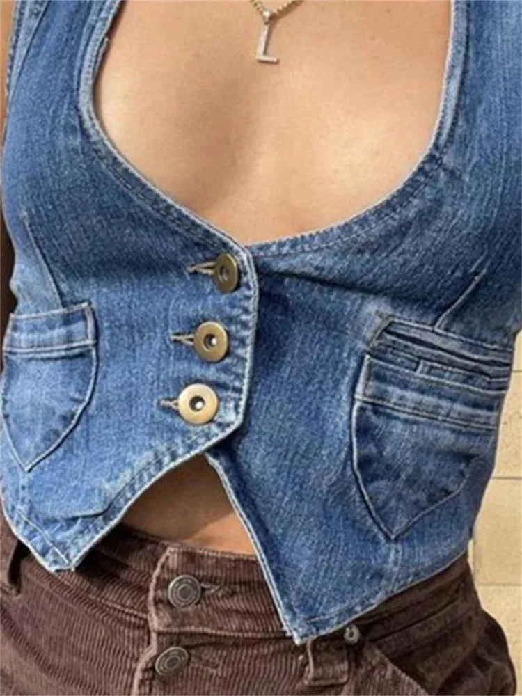 LANFUBEISI Denim Vest Coat Vintage Women Sleeveless V Neck Button Tank Tops Dark Academia 2000s Gothic Waistcoat Female Summer Fall