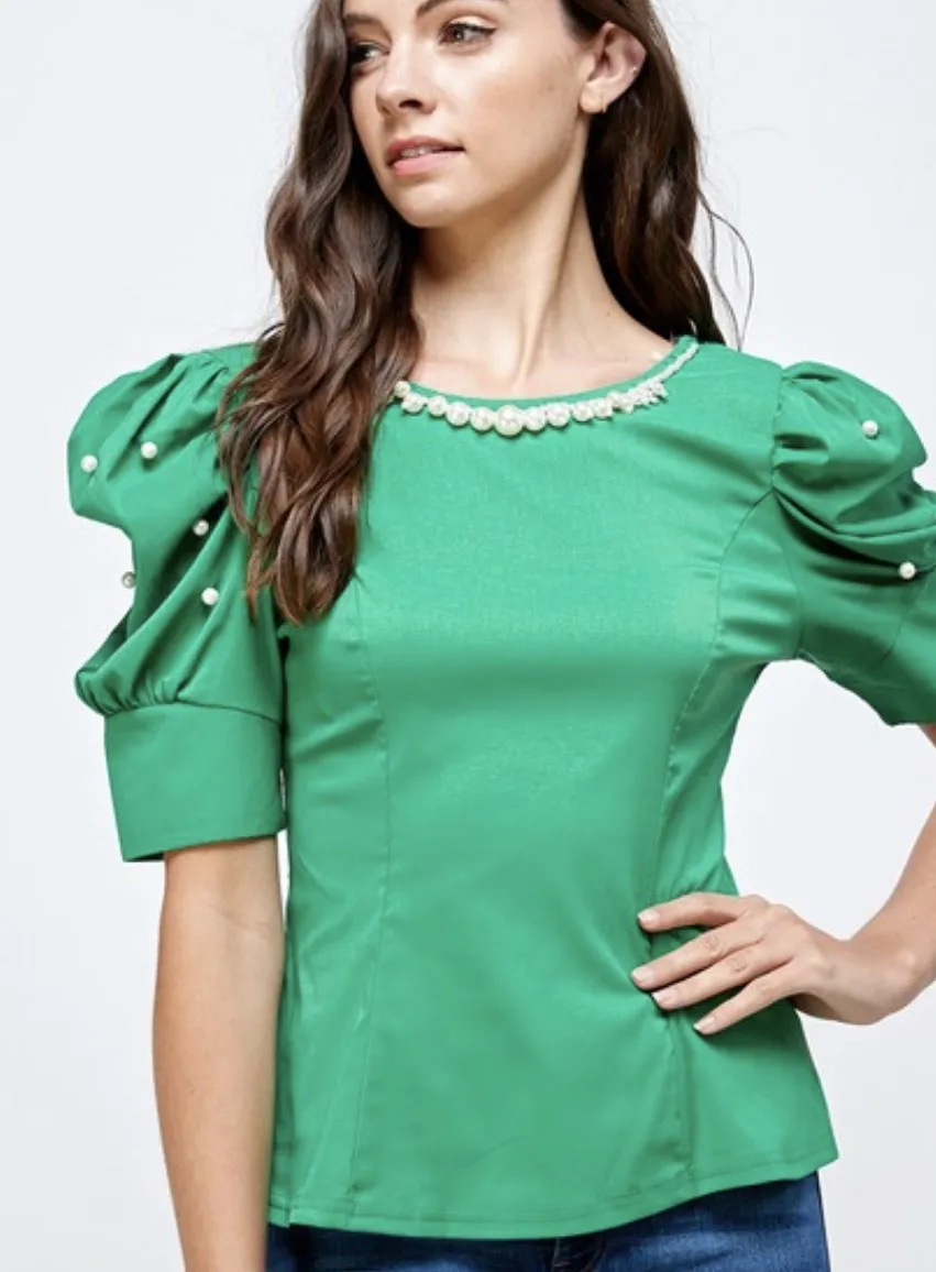 LP7823 Collar Pearl puff sleeves top