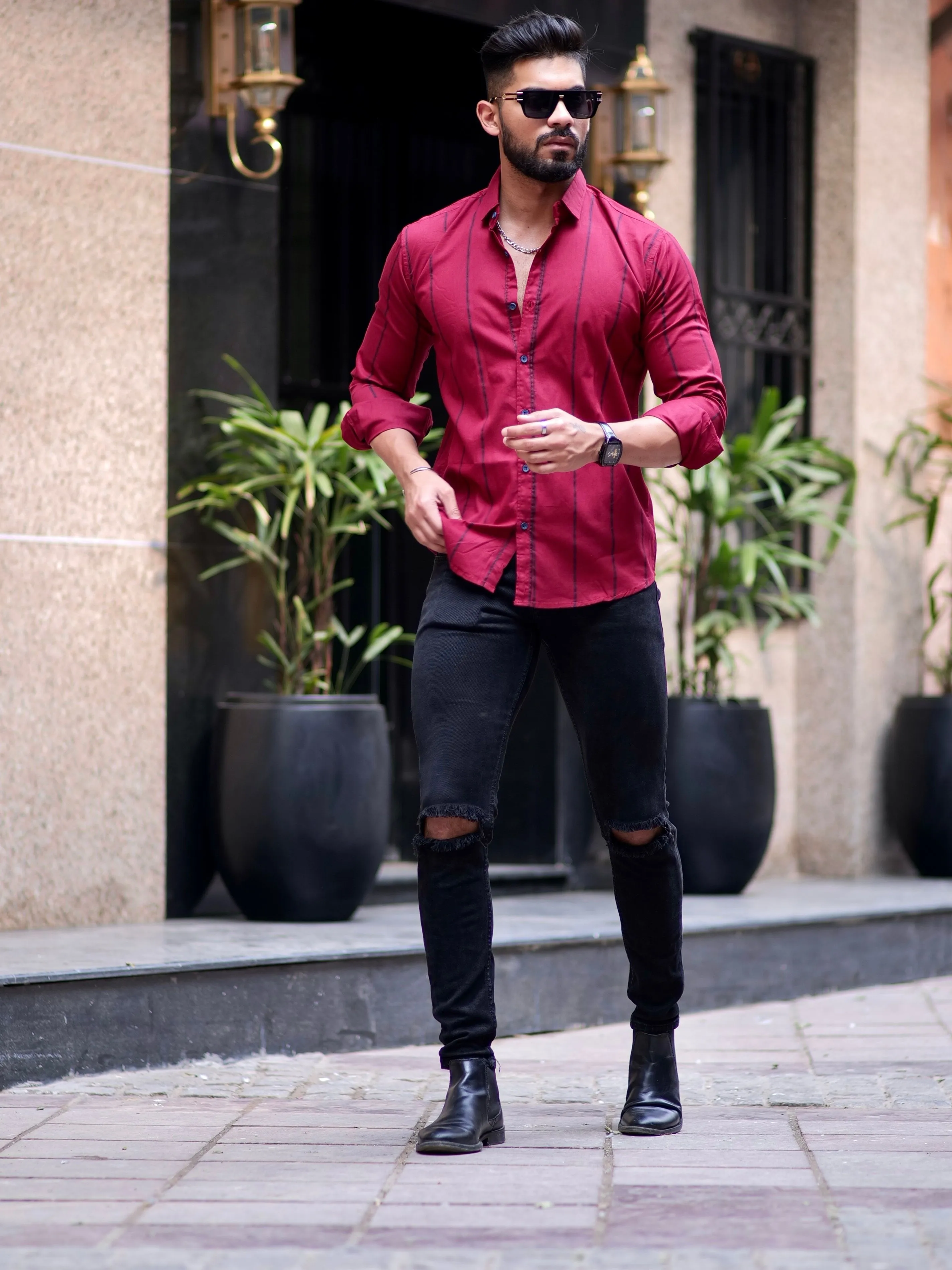 Maroon Stripe Printed Cotton Shirt For Men's