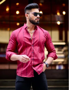 Maroon Stripe Printed Cotton Shirt For Men's