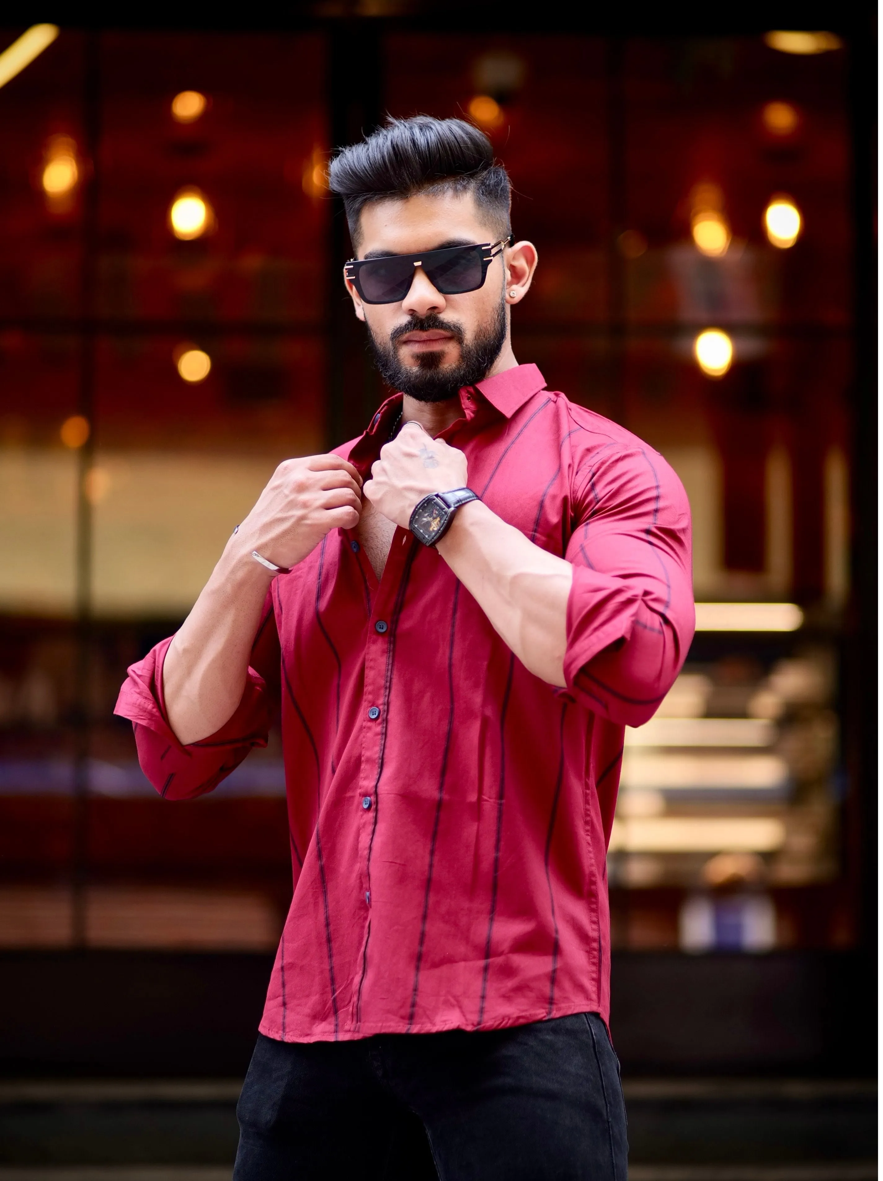 Maroon Stripe Printed Cotton Shirt For Men's