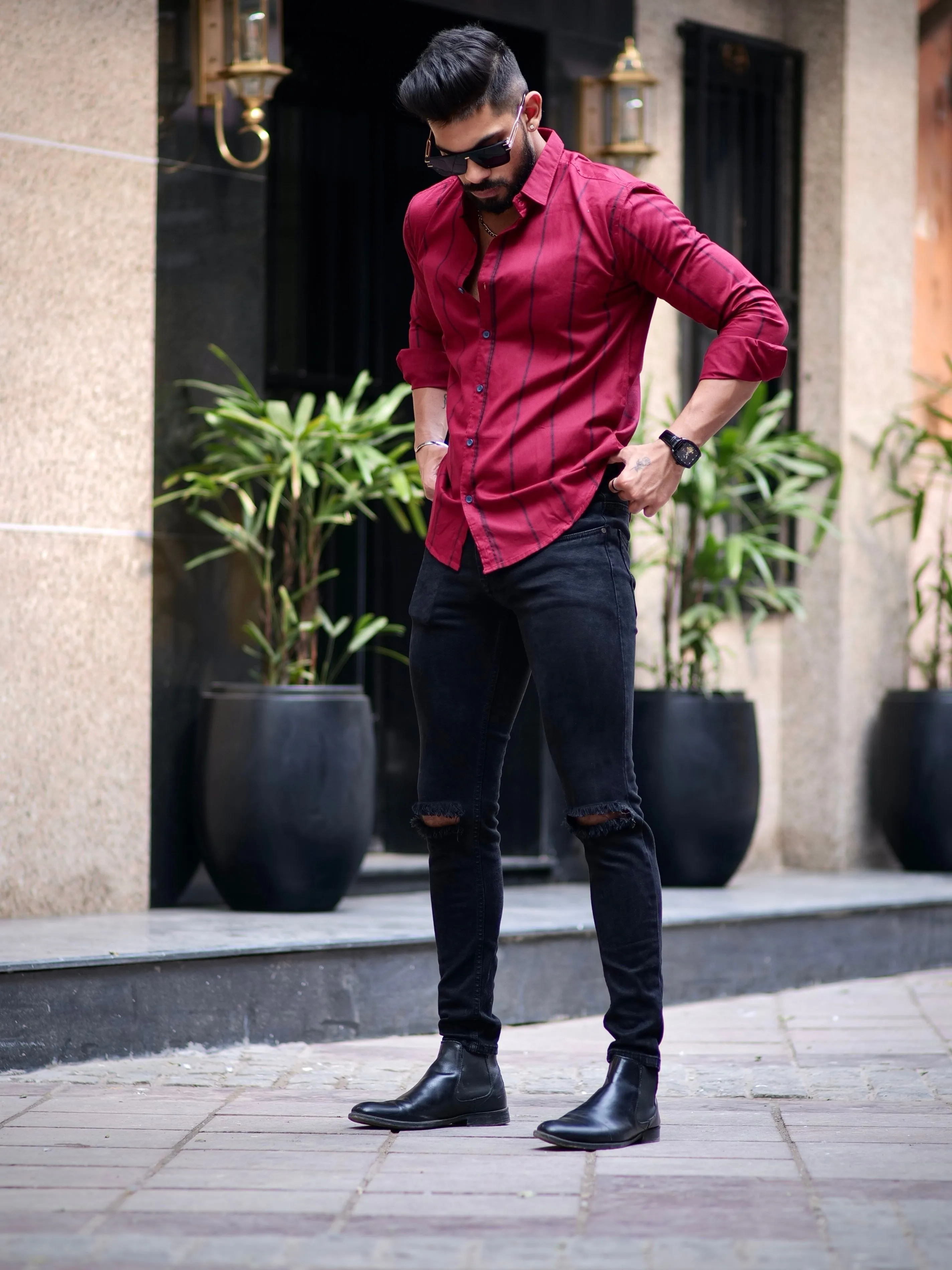 Maroon Stripe Printed Cotton Shirt For Men's