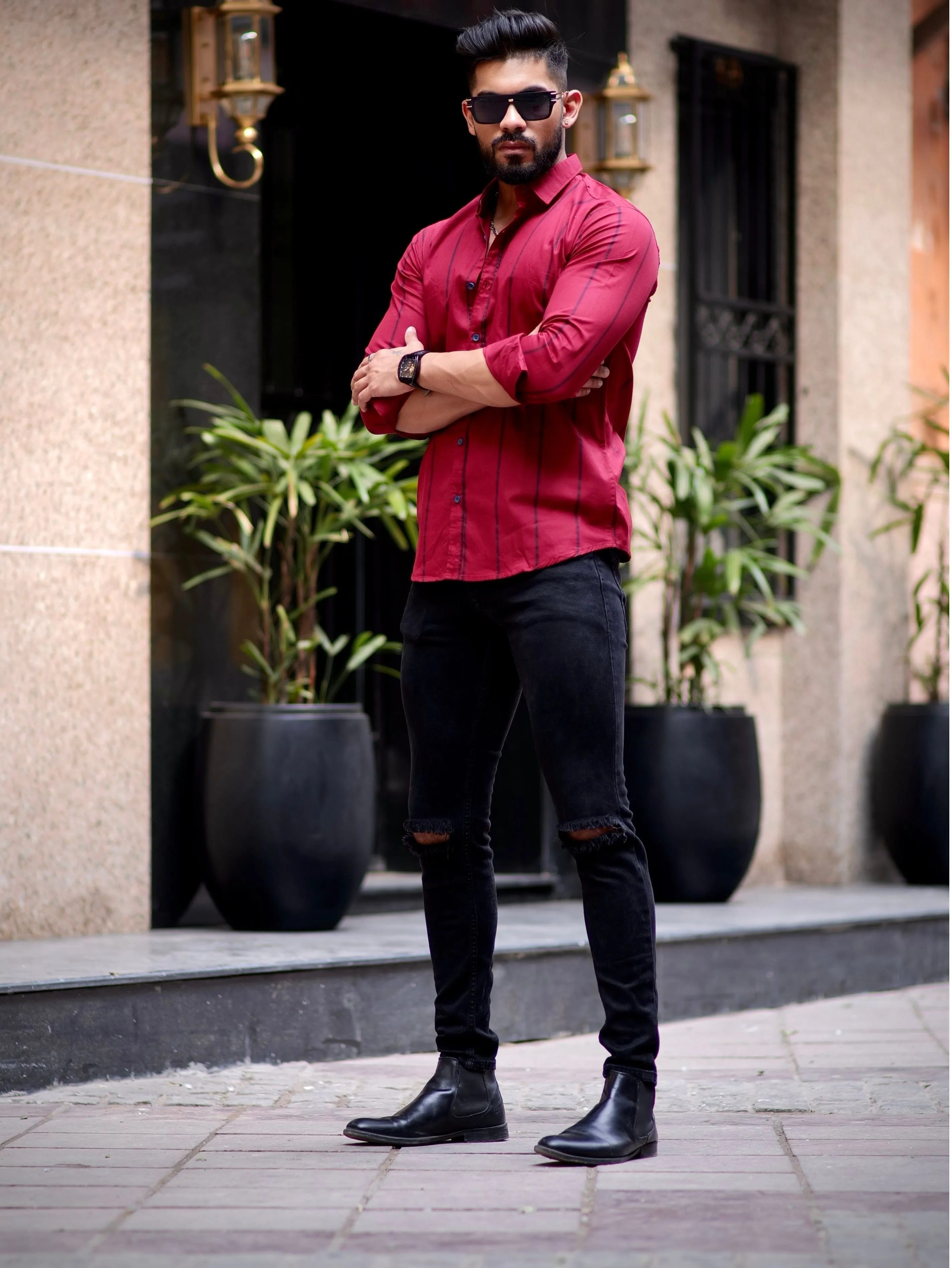 Maroon Stripe Printed Cotton Shirt For Men's