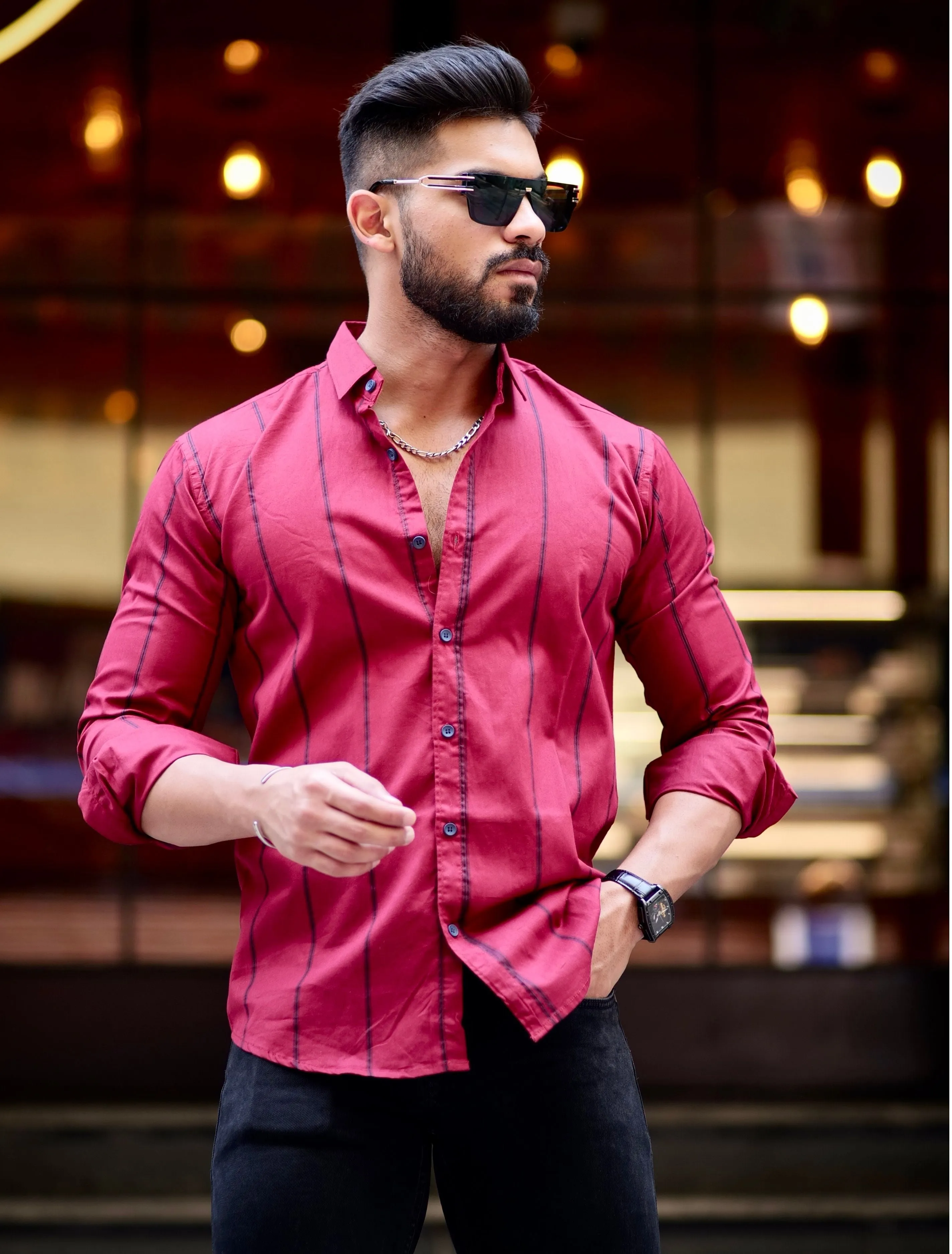 Maroon Stripe Printed Cotton Shirt For Men's