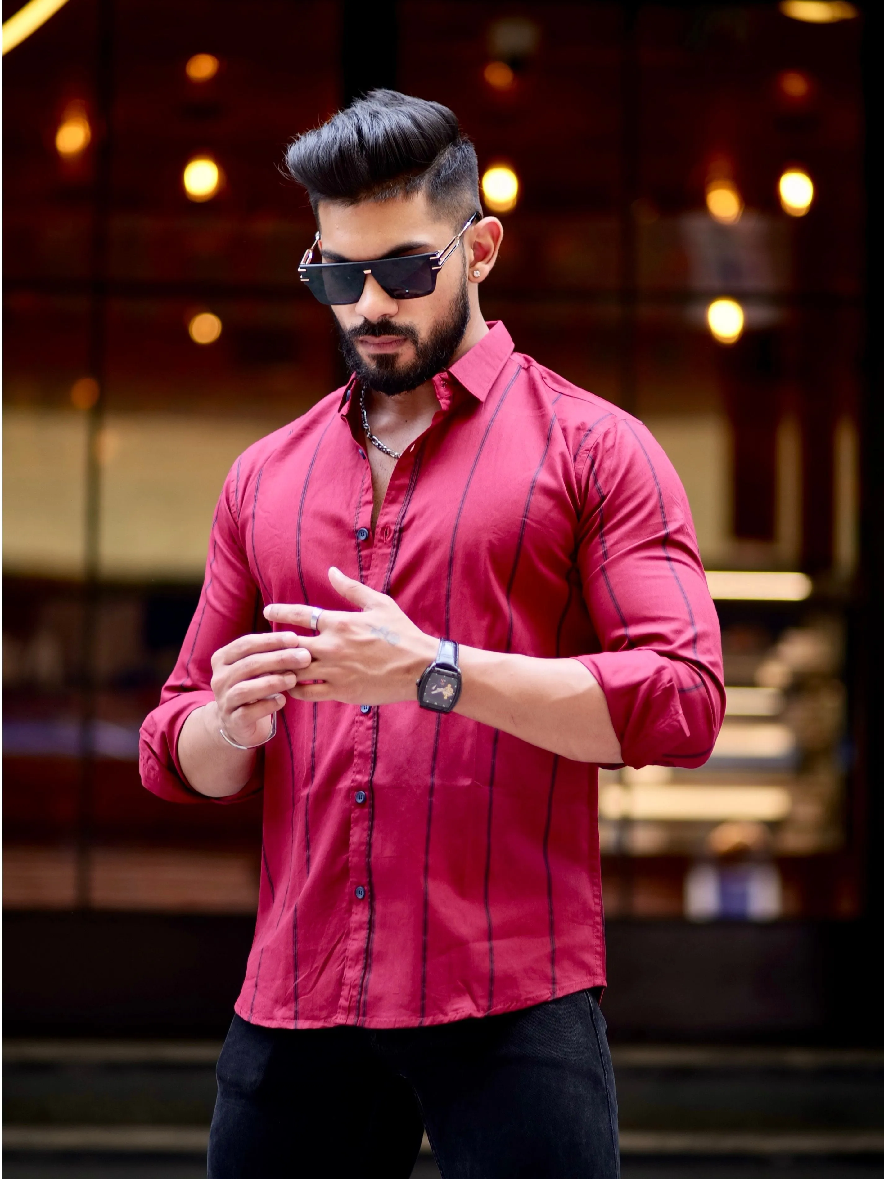 Maroon Stripe Printed Cotton Shirt For Men's