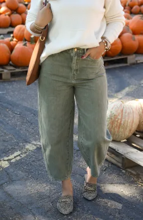 Meet Me Halfway Olive Green Barrel Jeans