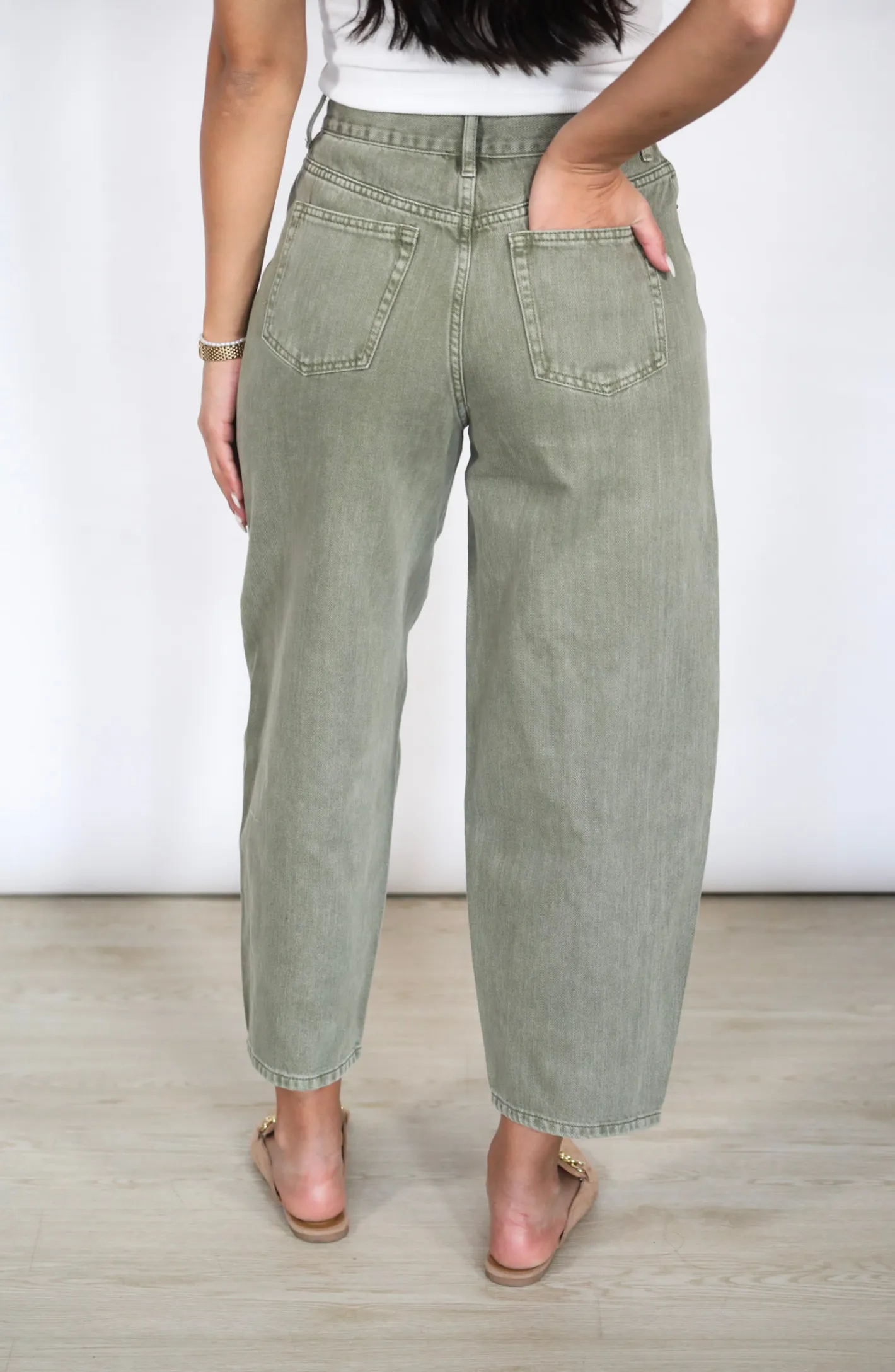 Meet Me Halfway Olive Green Barrel Jeans