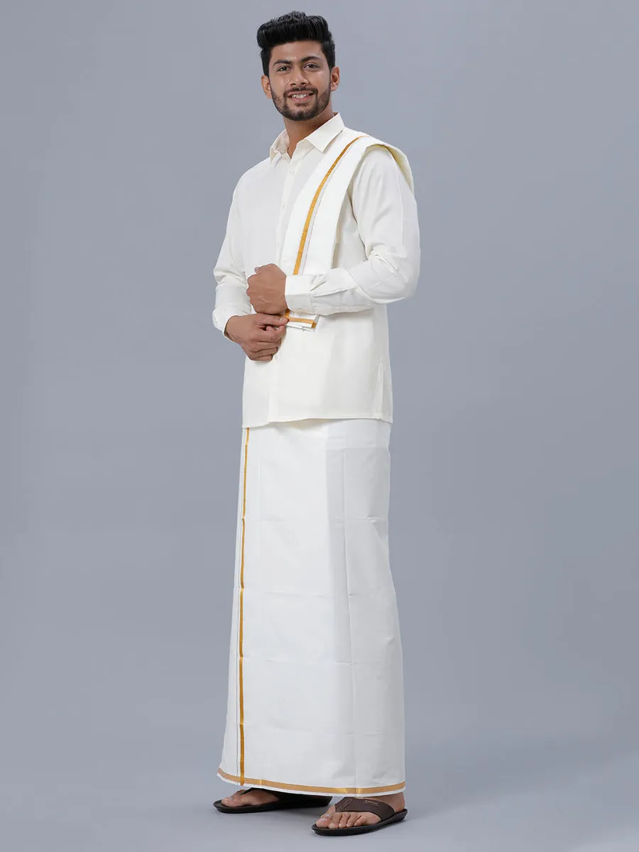 Men Full Sleeves Cream Shirt with Gold Jari 3/4" Dhoti & Towel Set