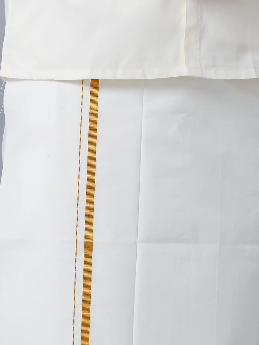 Men Full Sleeves Cream Shirt with Gold Jari 3/4" Dhoti & Towel Set