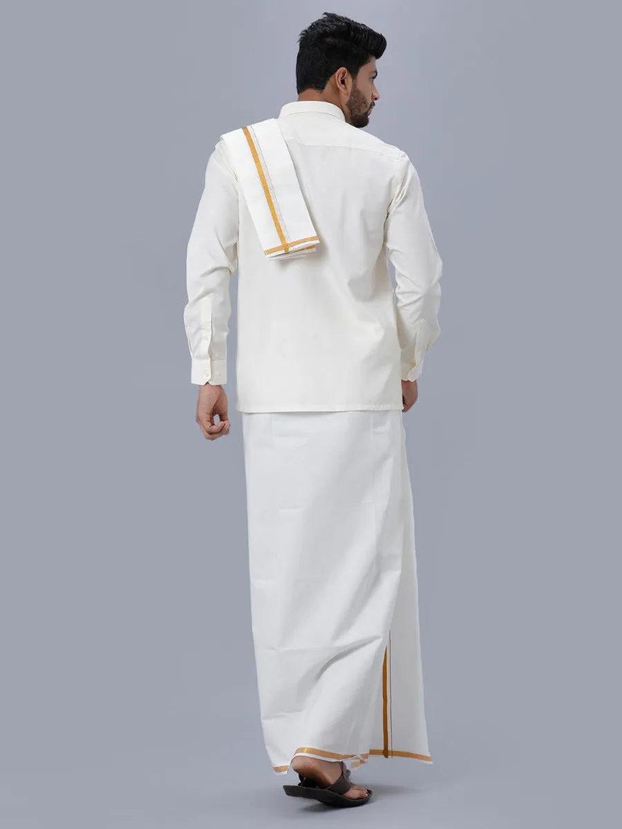 Men Full Sleeves Cream Shirt with Gold Jari 3/4" Dhoti & Towel Set