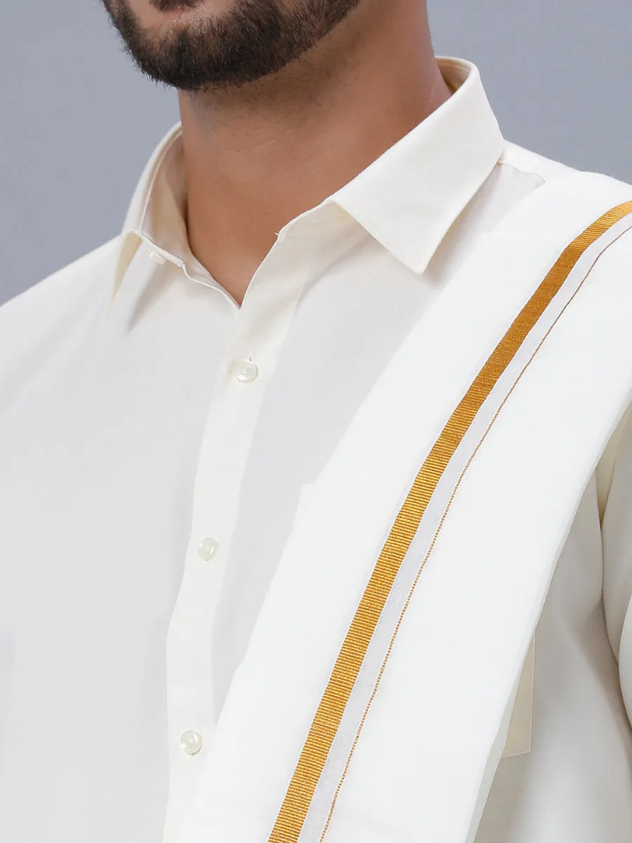 Men Full Sleeves Cream Shirt with Gold Jari 3/4" Dhoti & Towel Set