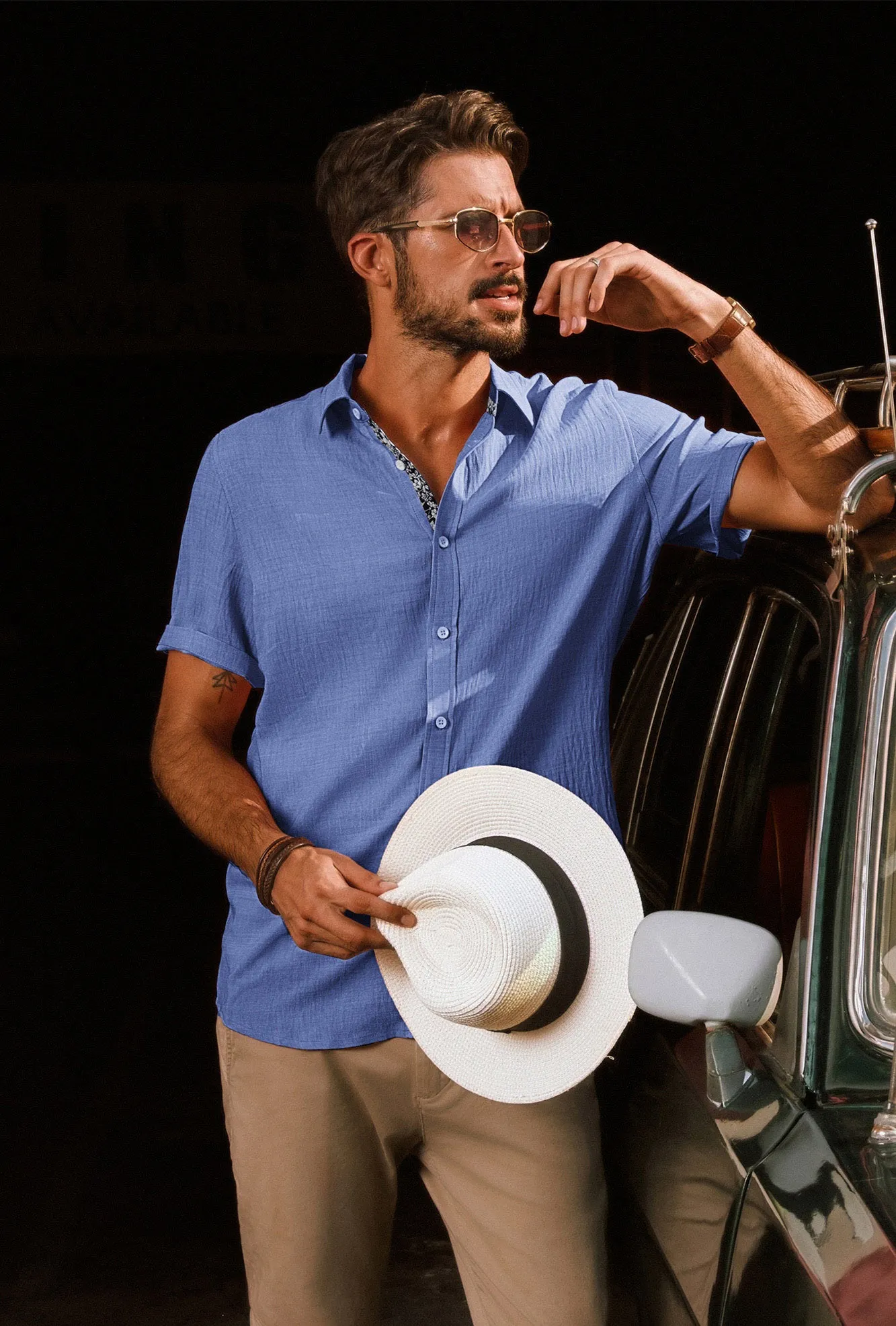 Men Straight Shirt Casual Short Sleeve Lapel Collar Button-up Tops
