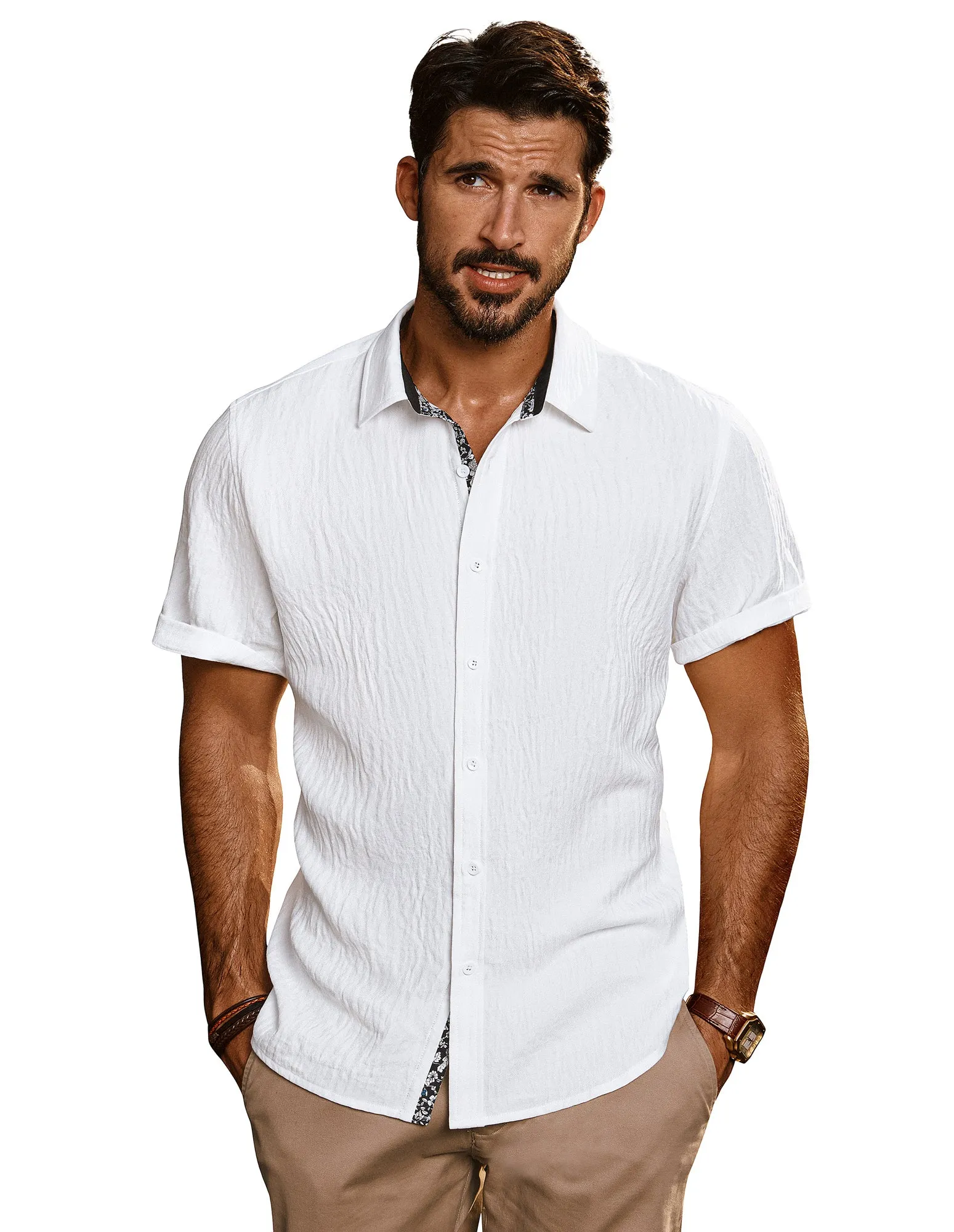 Men Straight Shirt Casual Short Sleeve Lapel Collar Button-up Tops