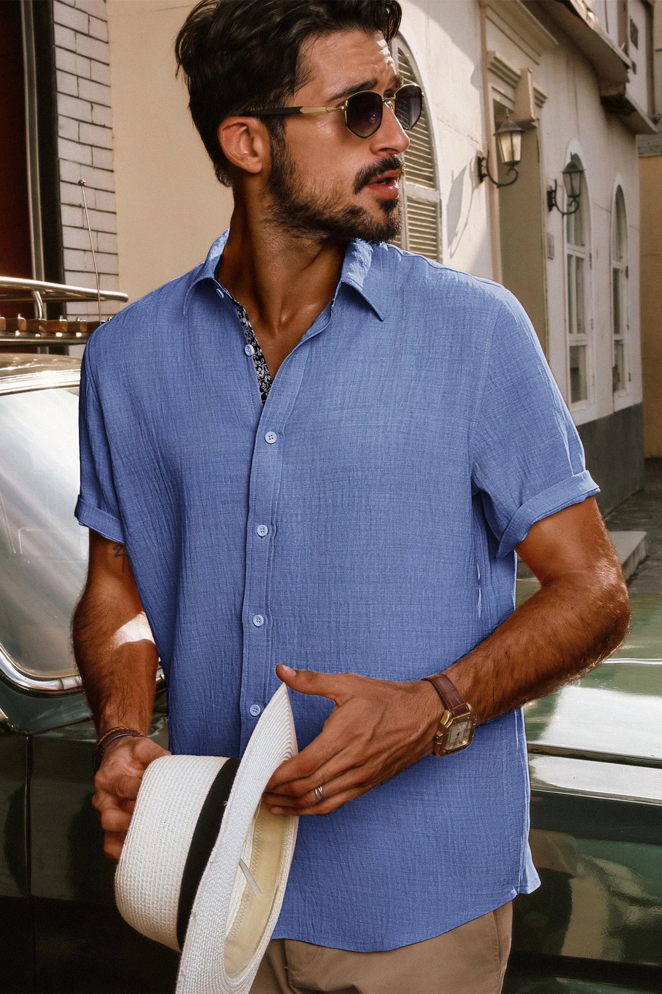 Men Straight Shirt Casual Short Sleeve Lapel Collar Button-up Tops