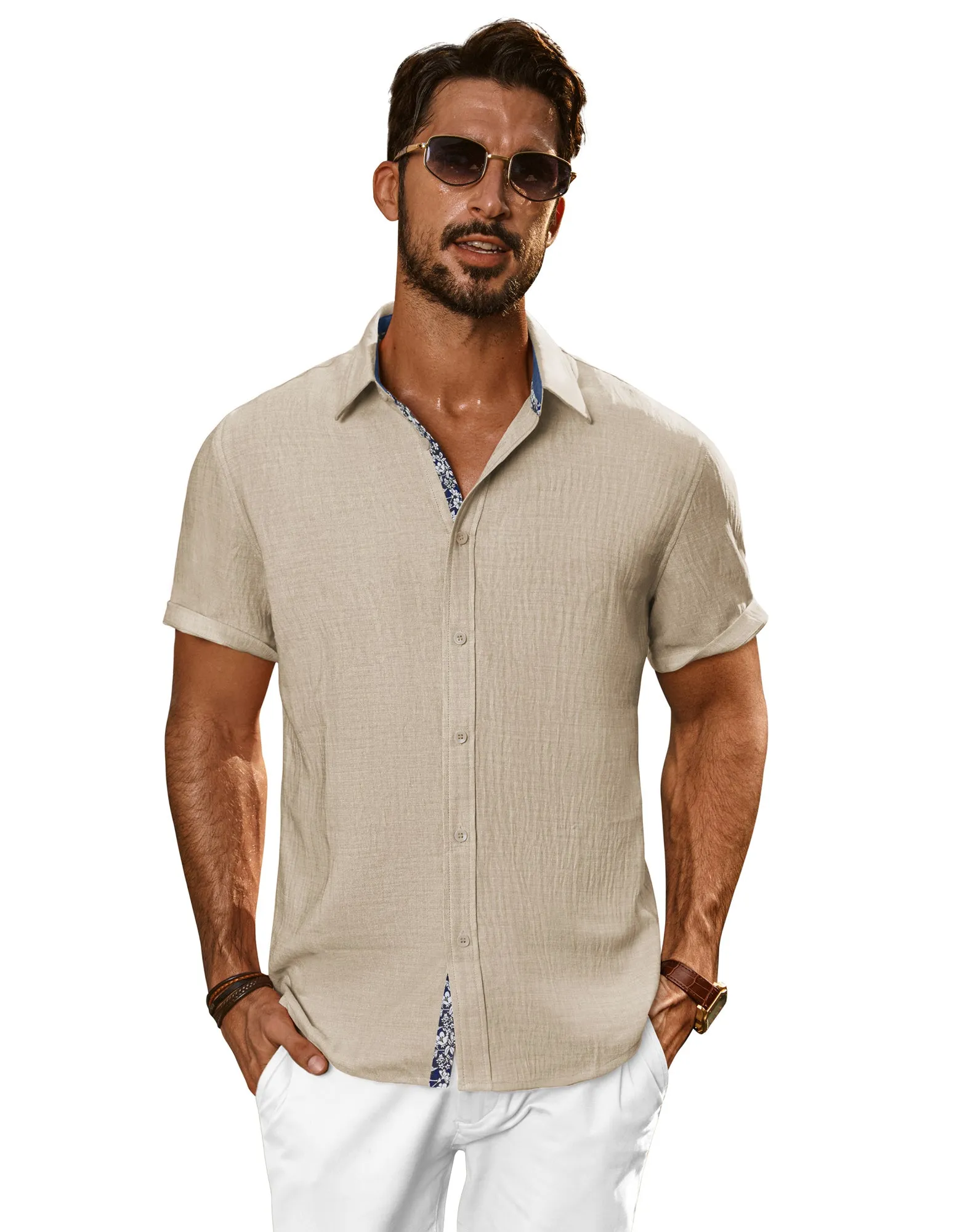Men Straight Shirt Casual Short Sleeve Lapel Collar Button-up Tops