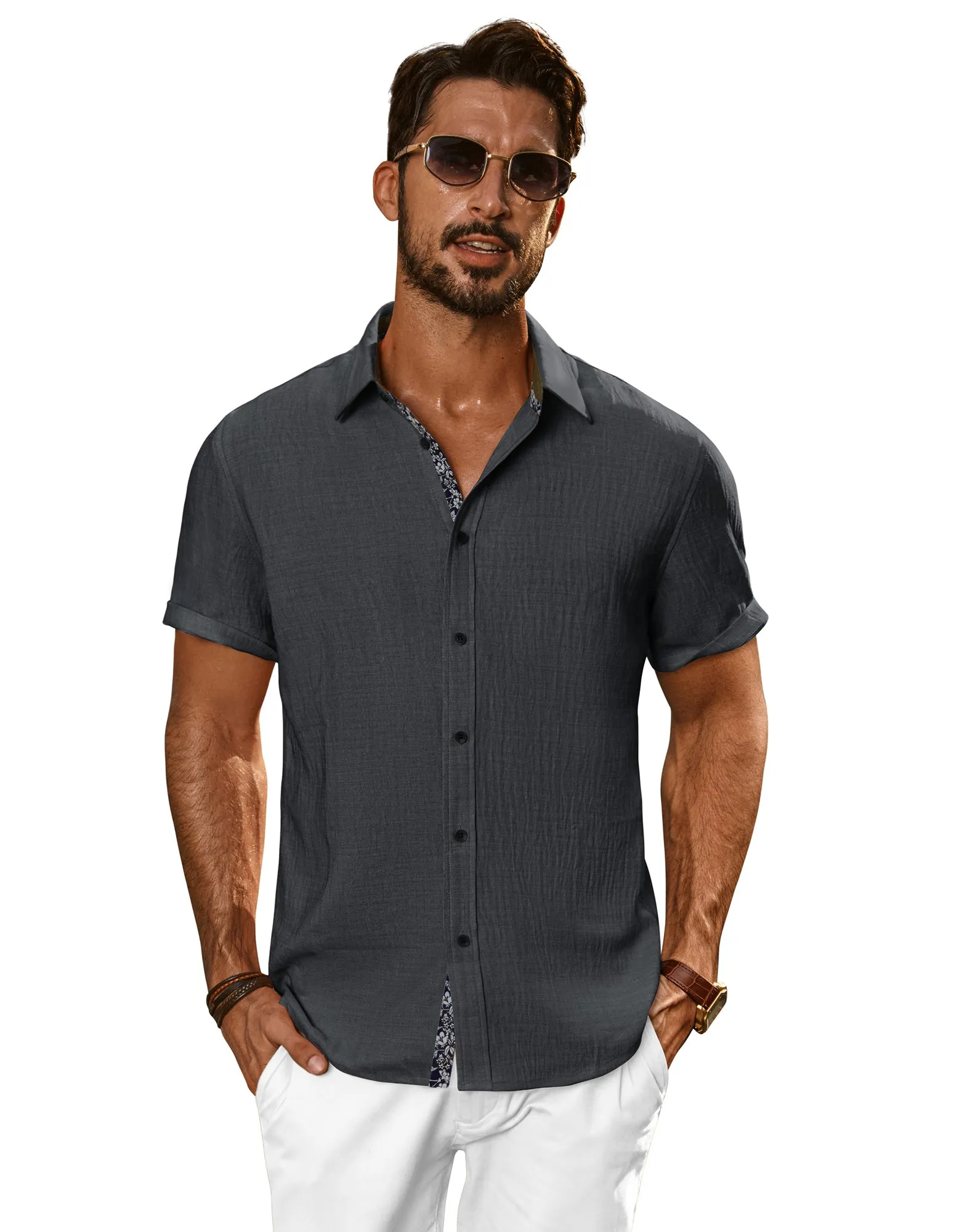 Men Straight Shirt Casual Short Sleeve Lapel Collar Button-up Tops