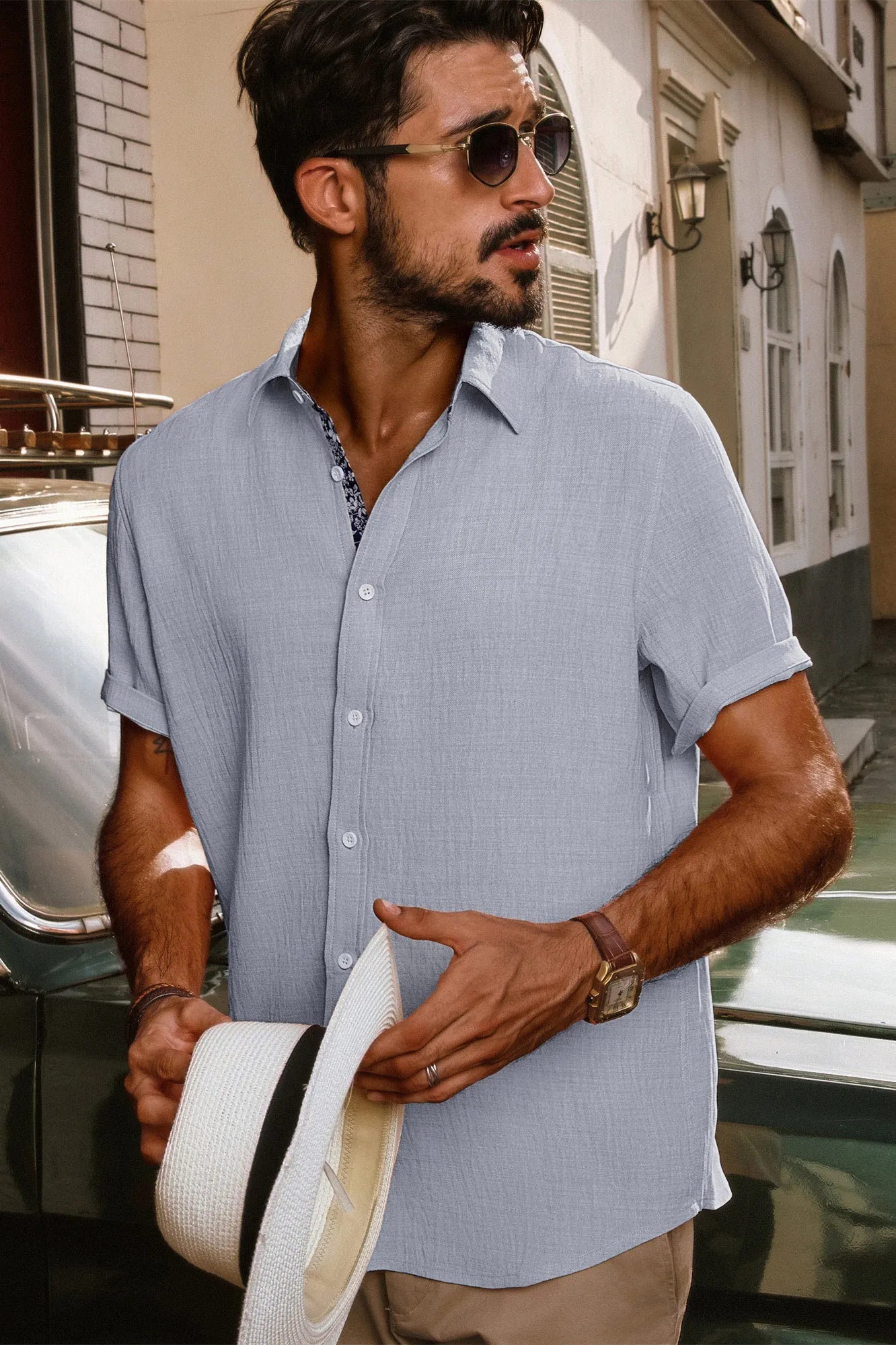 Men Straight Shirt Casual Short Sleeve Lapel Collar Button-up Tops