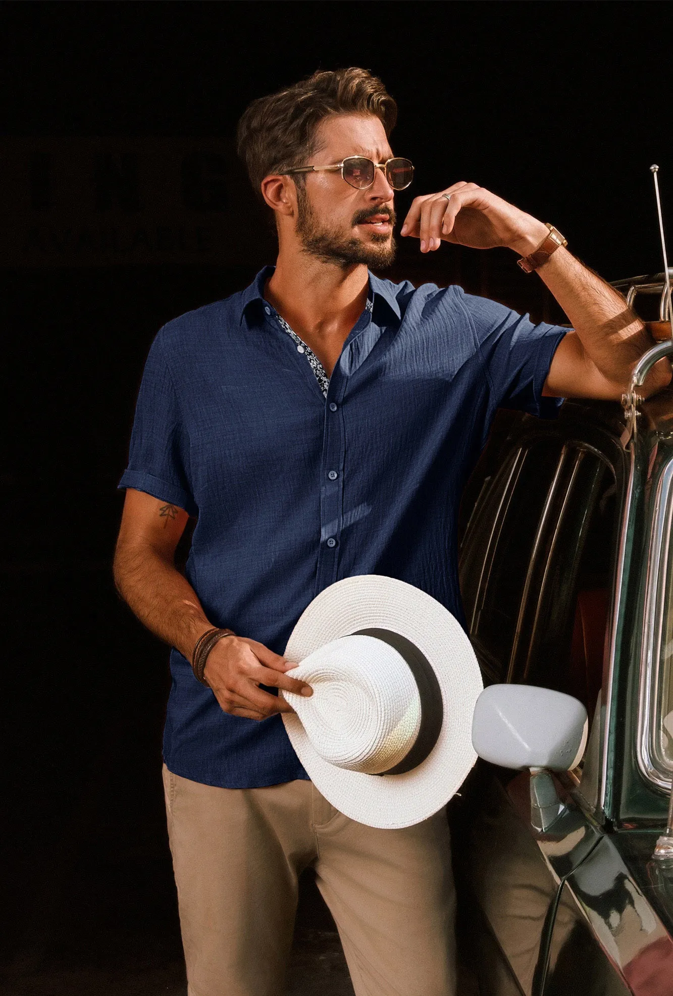 Men Straight Shirt Casual Short Sleeve Lapel Collar Button-up Tops