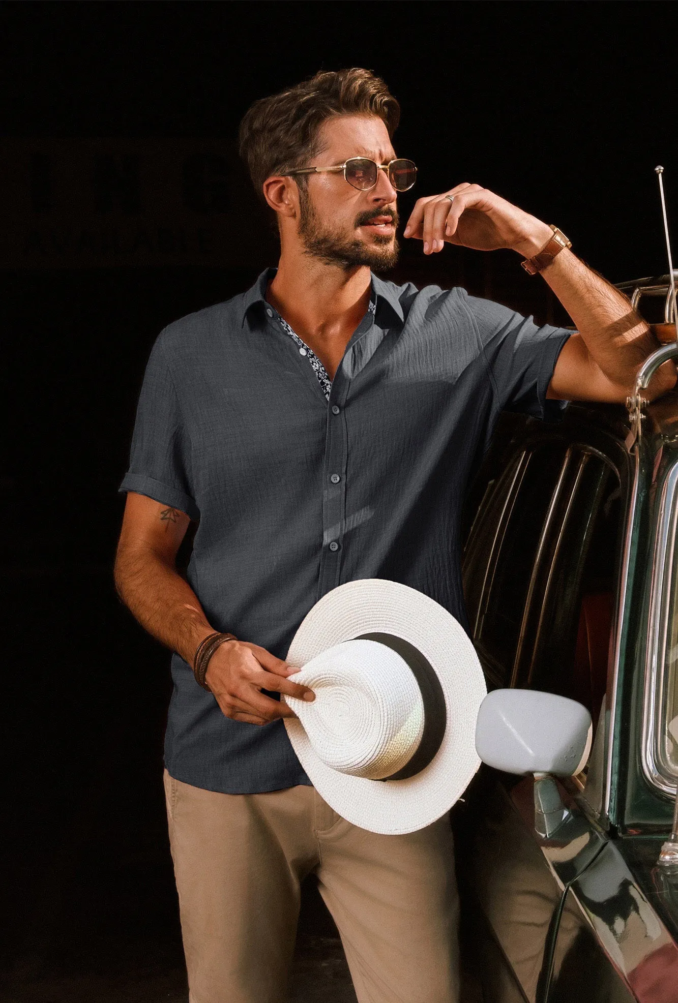 Men Straight Shirt Casual Short Sleeve Lapel Collar Button-up Tops